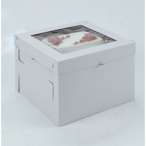 White/Kraft E-Flute Plain Cake Box w/window - 14x14x8