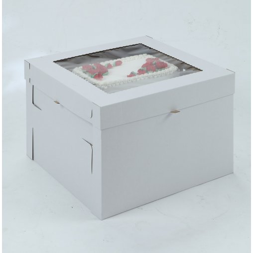 White/Kraft E-Flute Plain Cake Box w/window - 18x18x8
